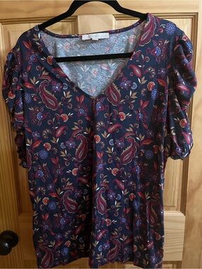 LOFT Navy Paisley V-Neck Puff Sleeve Blouse